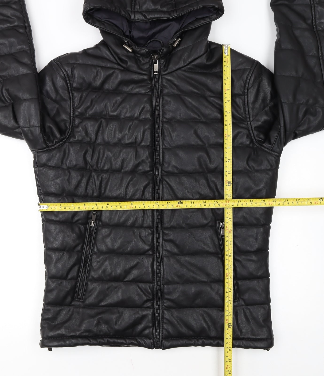 Zara Man Black Faux Leather Hooded Puffer Jacket Men L 42in