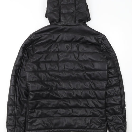 Zara Man Black Faux Leather Hooded Puffer Jacket Men L 42in