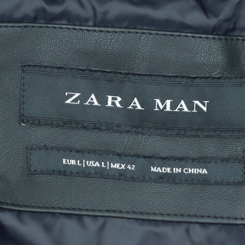 Zara Man Black Faux Leather Hooded Puffer Jacket Men L 42in