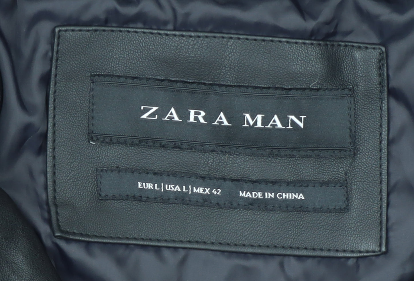 Zara Man Black Faux Leather Hooded Puffer Jacket Men L 42in