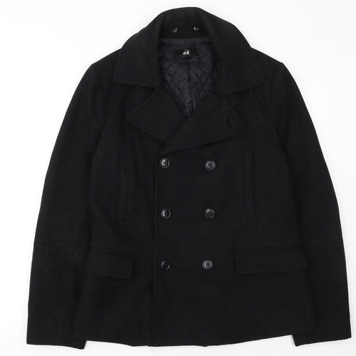H&M Men's Black Wool Blend Pea Coat Jacket 38R Regular Fit