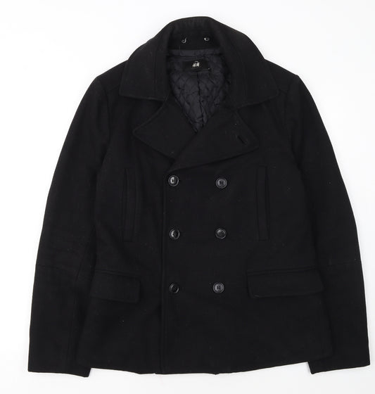 H&M Men's Black Wool Blend Pea Coat Jacket 38R Regular Fit