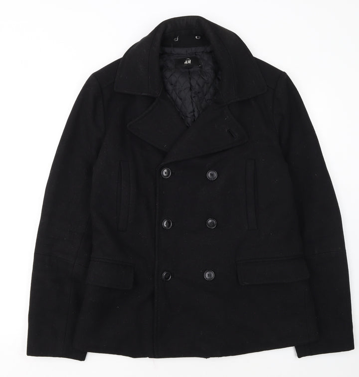 H&M Men's Black Wool Blend Pea Coat Jacket 38R Regular Fit