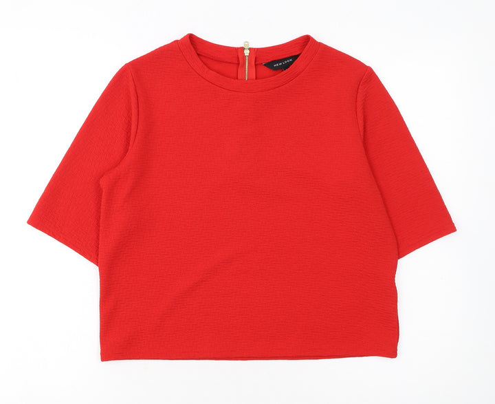 New Look Women Red Short Sleeve Cropped Zip Back Stretch Top Size 10