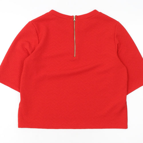 New Look Women Red Short Sleeve Cropped Zip Back Stretch Top Size 10