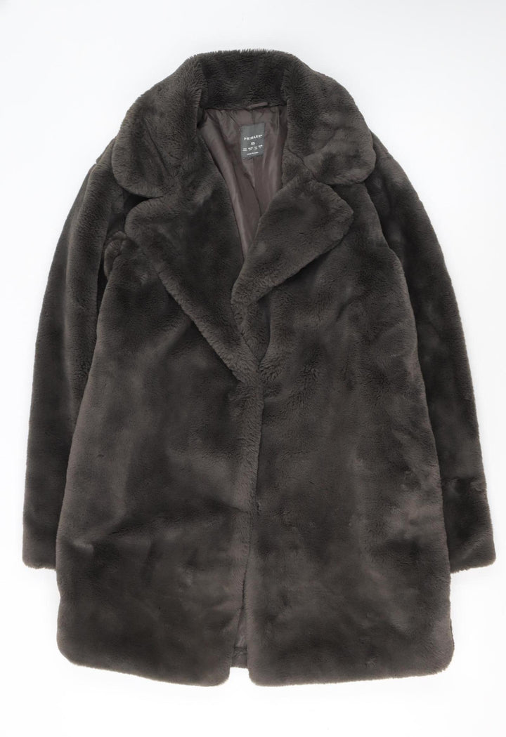 Primark Womens Brown Faux Fur Long Coat XS Winter Overcoat
