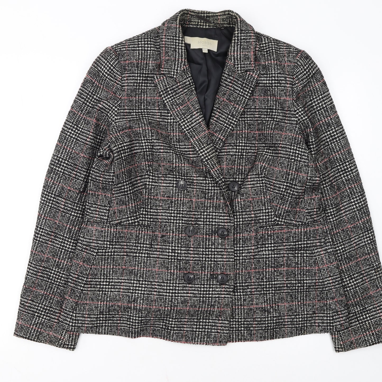 Hobbs Women Black Check Double-Breasted Wool Blazer UK 16