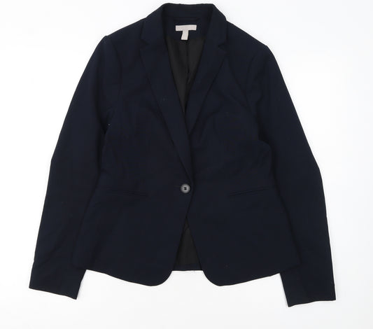 H&M Women Navy Blue Single-Breasted Blazer UK 10 Classic Fit