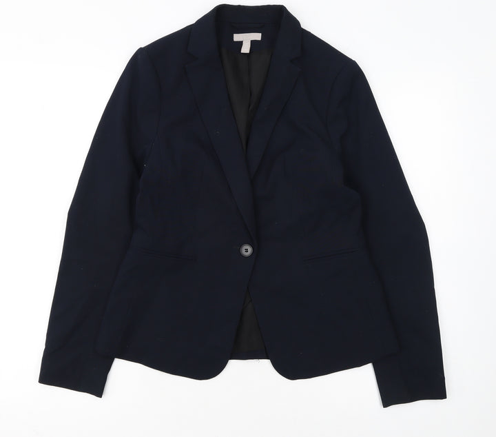 H&M Women Navy Blue Single-Breasted Blazer UK 10 Classic Fit