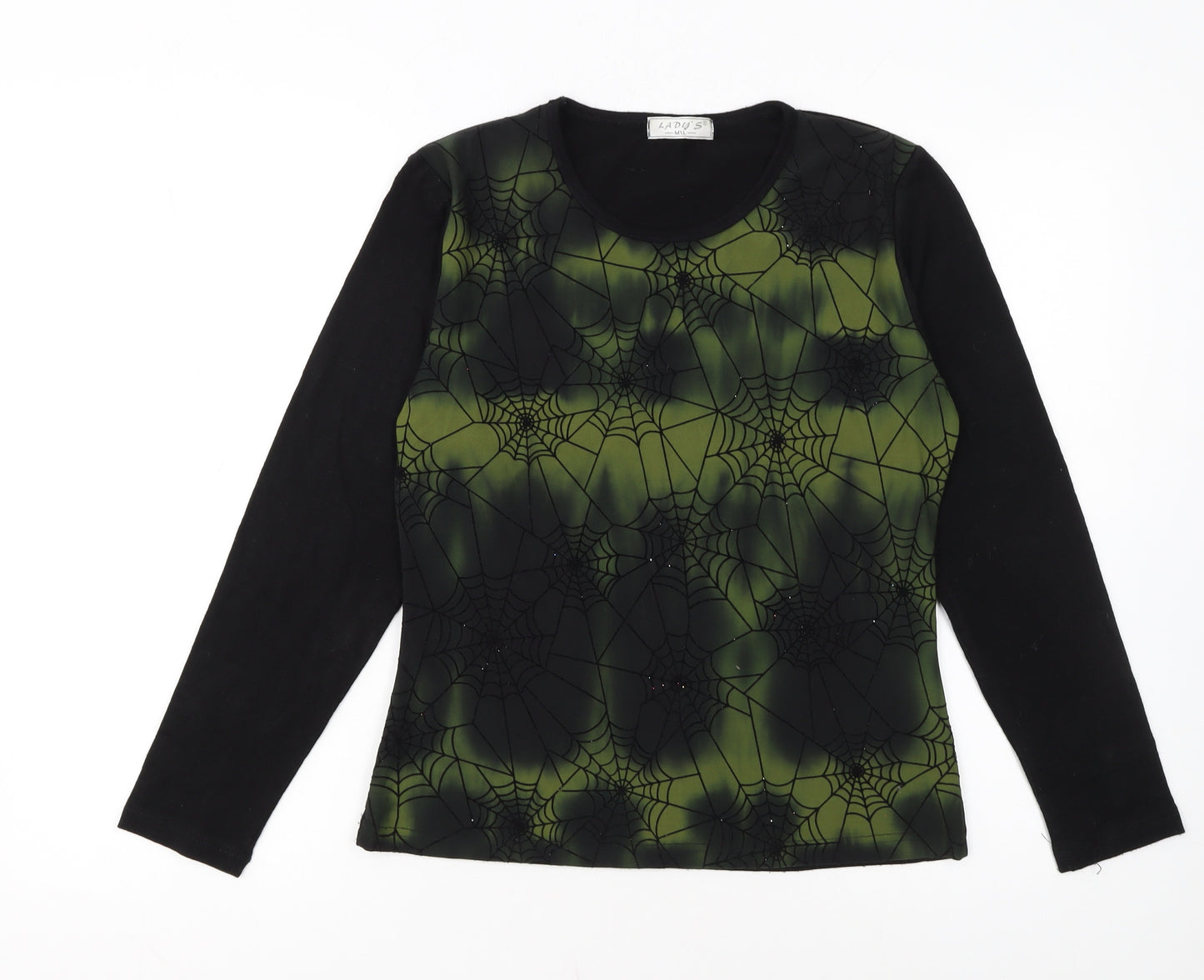 LADY'S Women's Black Green Spider Web Long Sleeve Halloween Top Size M