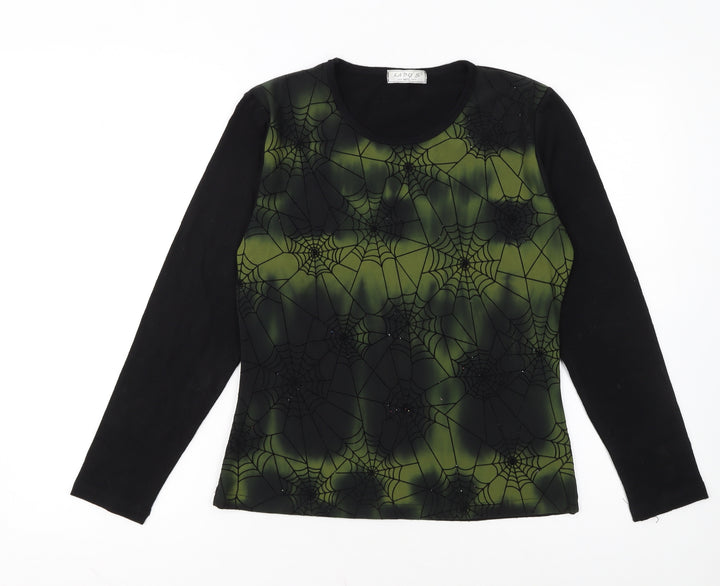 LADY'S Women's Black Green Spider Web Long Sleeve Halloween Top Size M