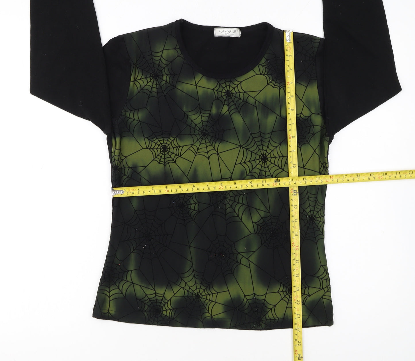 LADY'S Women's Black Green Spider Web Long Sleeve Halloween Top Size M