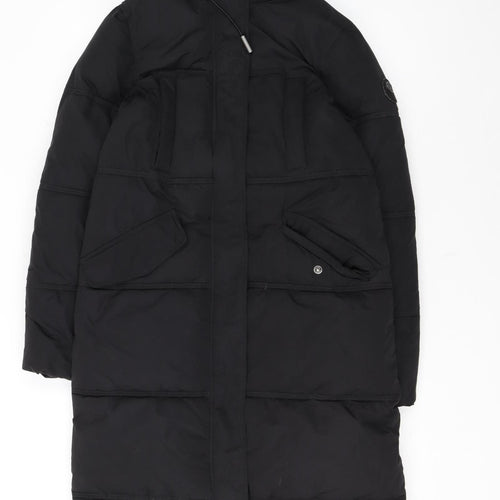 Superdry Womens Black Long Puffer Coat Hooded Size 8 Winter Warm