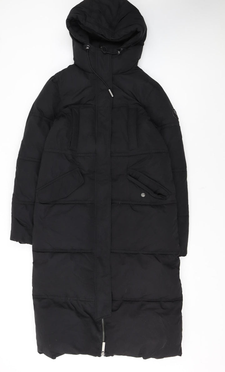 Superdry Womens Black Long Puffer Coat Hooded Size 8 Winter Warm