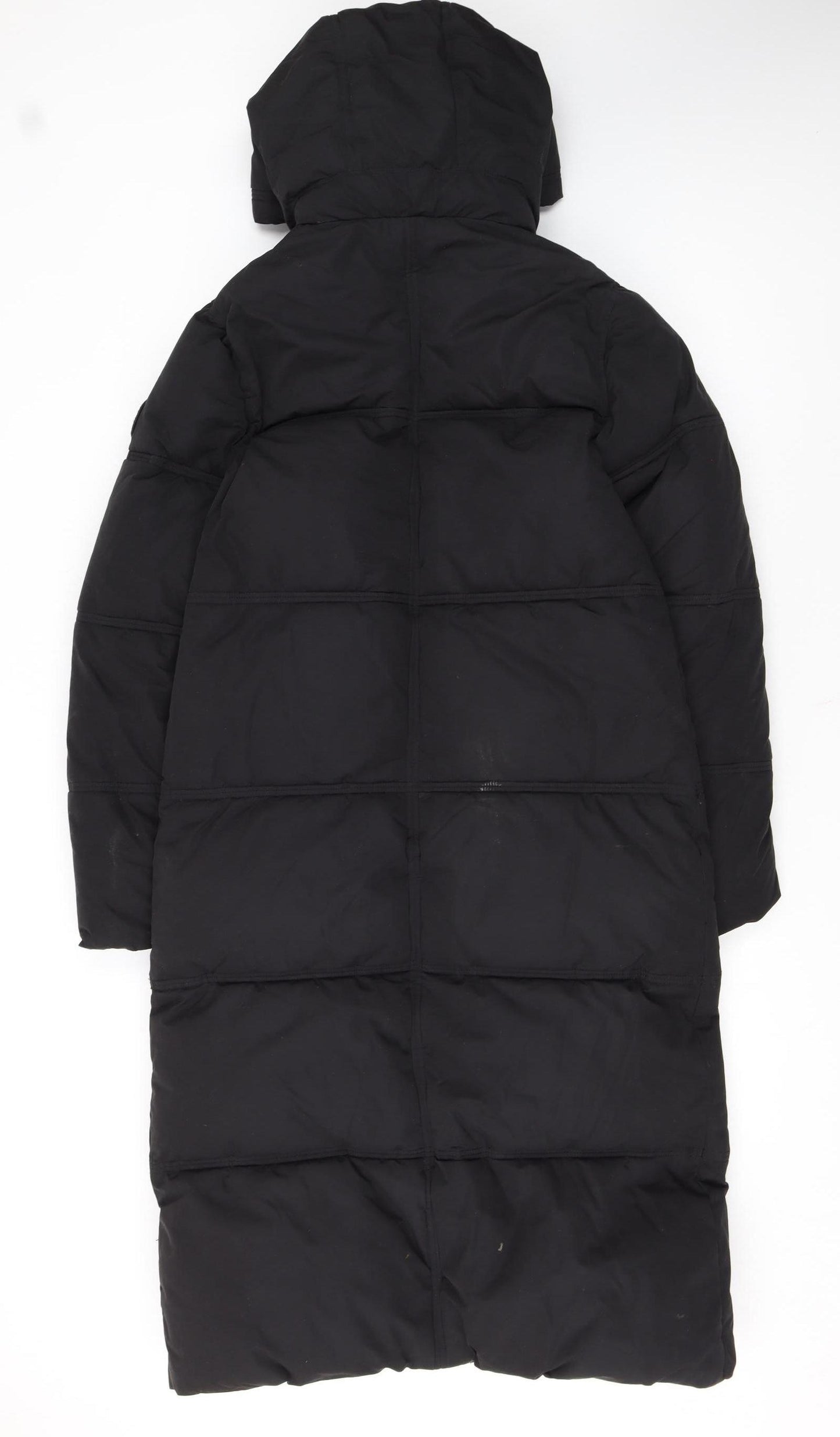 Superdry Womens Black Long Puffer Coat Hooded Size 8 Winter Warm