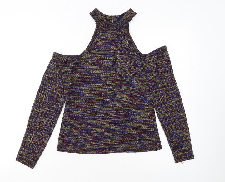 River Island Women's Multicoloured Glitter Cold Shoulder Top UK 10