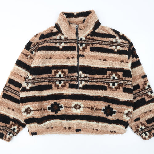 ONLY Women Beige Fleece Pullover Hoodie L Geometric Pattern