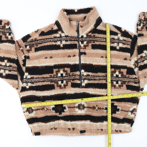 ONLY Women Beige Fleece Pullover Hoodie L Geometric Pattern