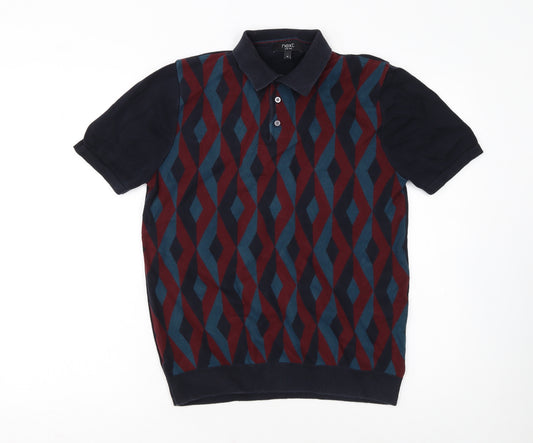 Next Men's Multicoloured Geometric Cotton Polo Shirt Size M