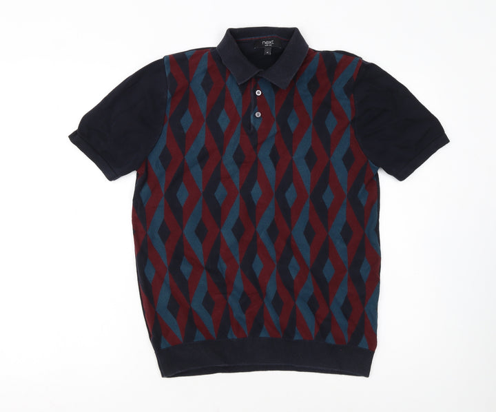 Next Men's Multicoloured Geometric Cotton Polo Shirt Size M