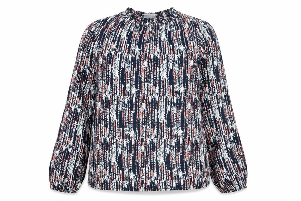 Front view of Marks & Spencer women’s multicoloured jersey blouse, size UK 14