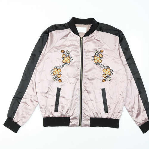 Oober Swank Womens Pink Black Embroidered Bomber Jacket Size L