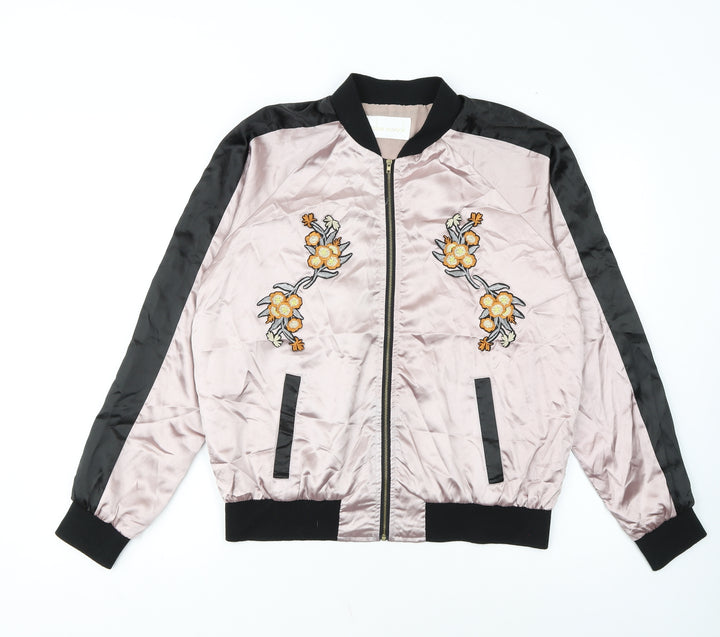 Oober Swank Womens Pink Black Embroidered Bomber Jacket Size L