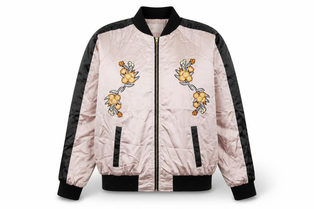 Front view of Oober Swank women’s pink black embroidered bomber jacket, size L
