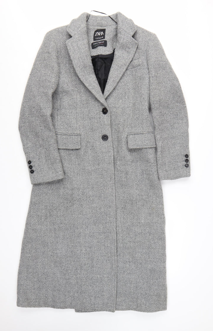 Zara Women Grey Wool Blend Long Overcoat Size 12 Classic Style