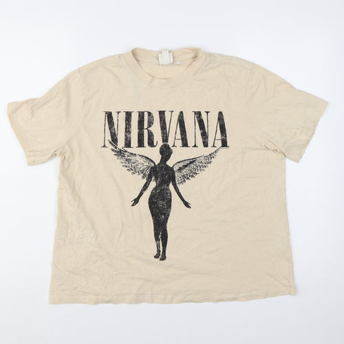 H&M Women's Beige Nirvana Graphic Short Sleeve Cotton T-Shirt L