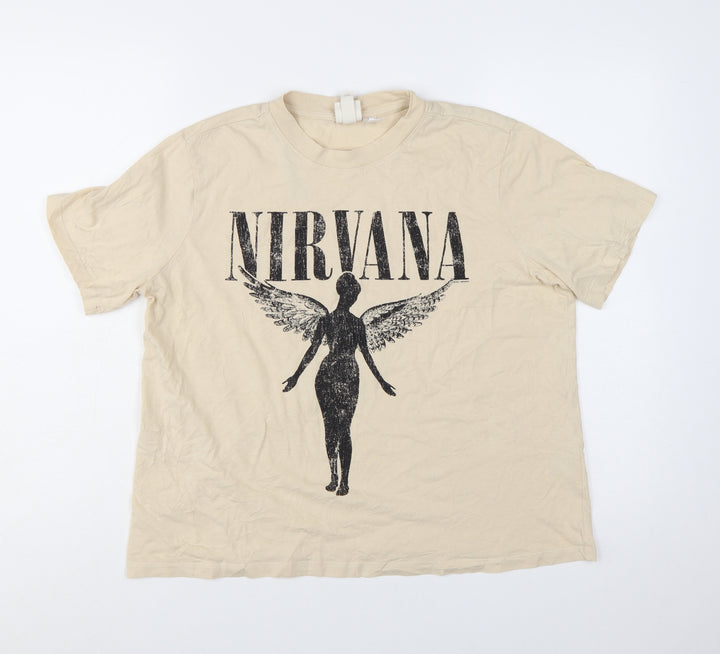 H&M Women's Beige Nirvana Graphic Short Sleeve Cotton T-Shirt L