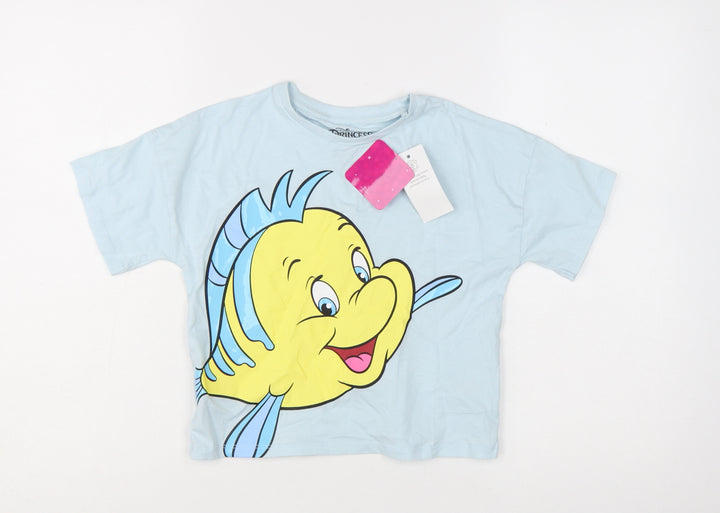 Disney Princess Girls Blue Flounder T-Shirt 8-9 Years Short Sleeve Cotton
