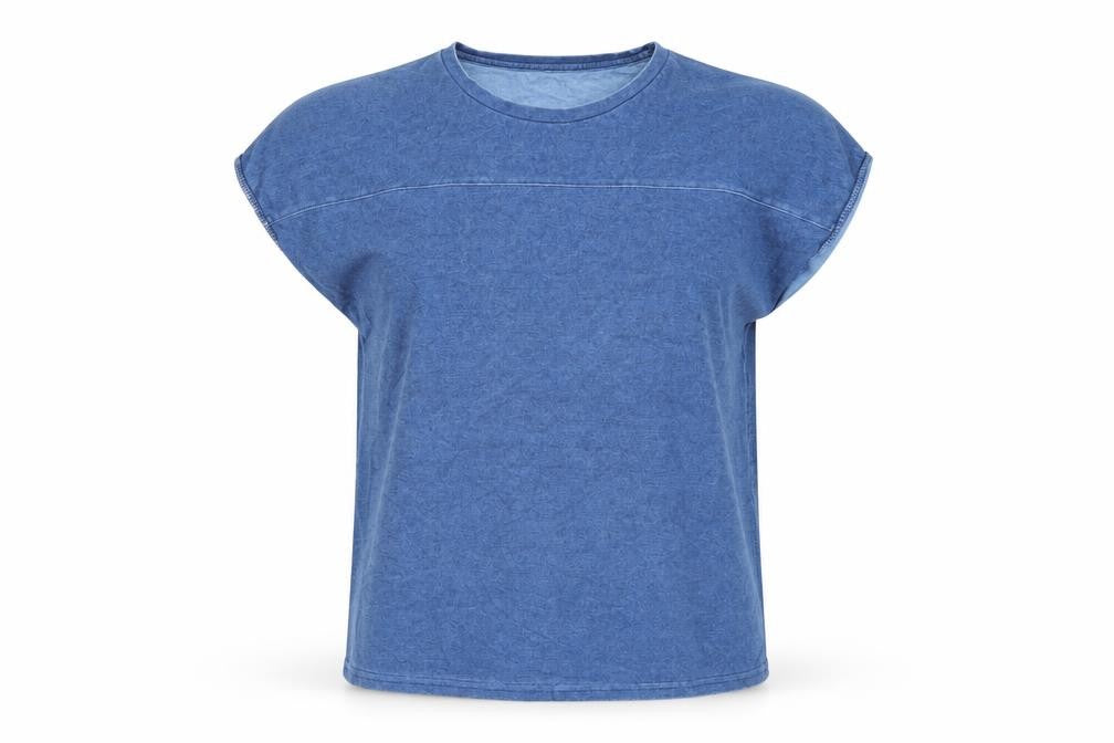 Front view of Nümph Women's Blue Basic Sleeveless Jersey T-Shirt, size M