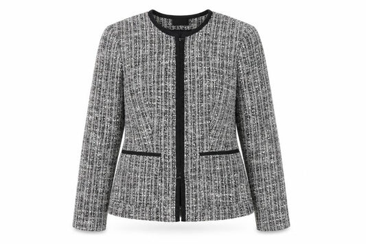 Front view of Linea Women Grey Bouclé Tweed Blazer Jacket, size 14, Wool Blend