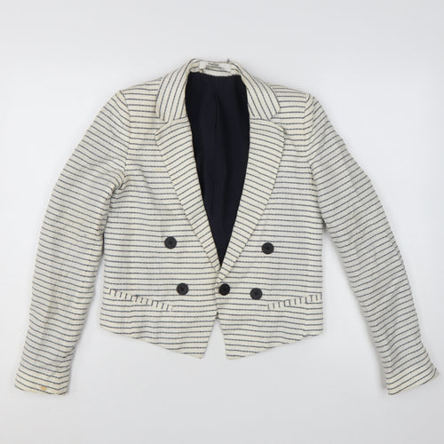 Mango Women Beige Striped Double-Breasted Blazer XS Linen Cotton