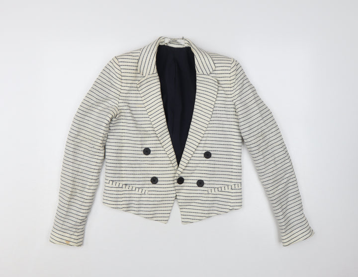 Mango Women Beige Striped Double-Breasted Blazer XS Linen Cotton