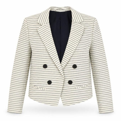 Mango Women Beige Striped Double-Breasted Blazer XS Linen Cotton