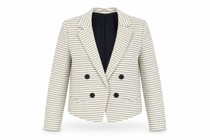 Mango Women Beige Striped Double-Breasted Blazer XS Linen Cotton