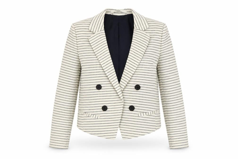 Mango Women Beige Striped Double-Breasted Blazer XS Linen Cotton