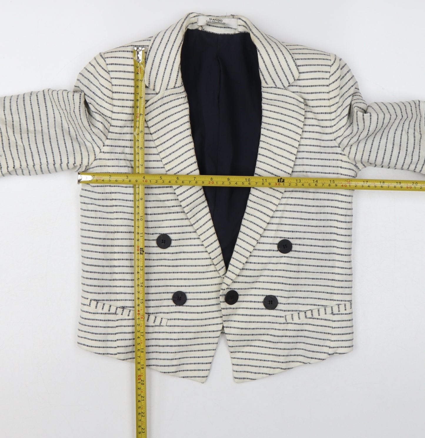 Mango Women Beige Striped Double-Breasted Blazer XS Linen Cotton