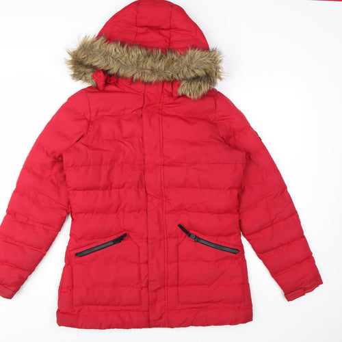 TOG24 Womens Red Faux Fur Hooded Puffer Coat Size 12