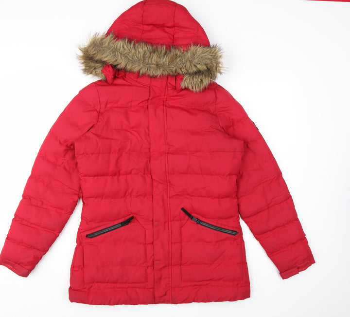 TOG24 Womens Red Faux Fur Hooded Puffer Coat Size 12