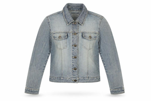 Front view of Moto women’s blue denim basic jacket, size UK 8