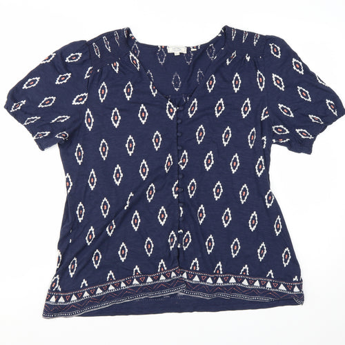 FatFace Women's Blue Geometric Bohemian Cotton Modal Tunic Blouse Size 14