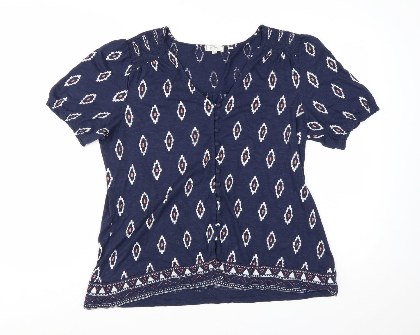 FatFace Women's Blue Geometric Bohemian Cotton Modal Tunic Blouse Size 14