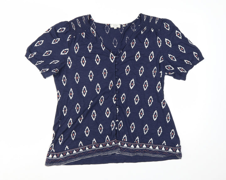 FatFace Women's Blue Geometric Bohemian Cotton Modal Tunic Blouse Size 14