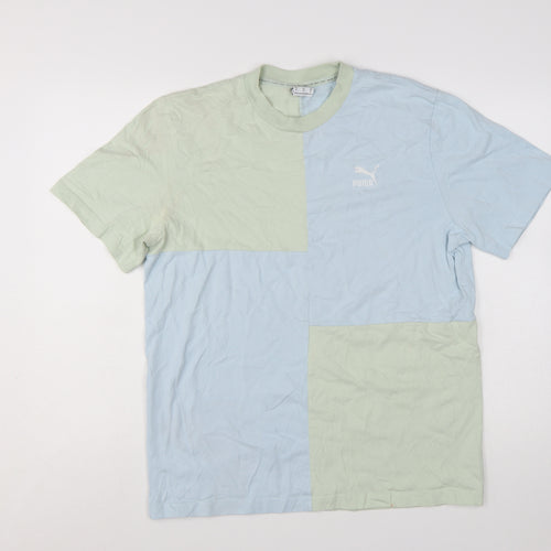 Puma Men's Blue Green Colourblock Crew Neck Cotton T-Shirt Size M