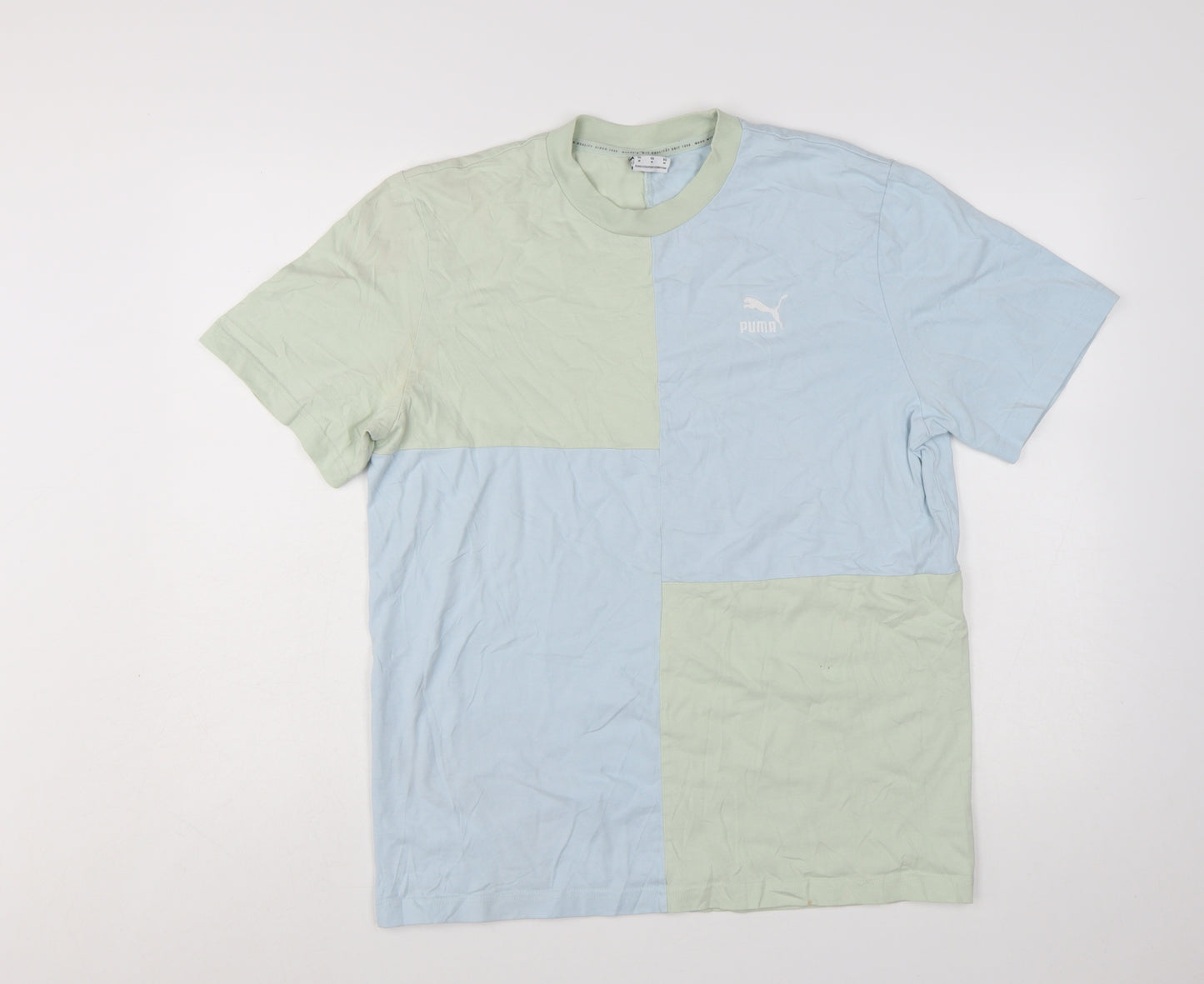 Puma Men's Blue Green Colourblock Crew Neck Cotton T-Shirt Size M