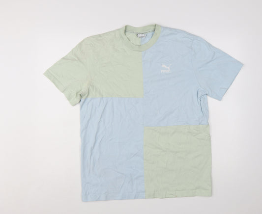 Puma Men's Blue Green Colourblock Crew Neck Cotton T-Shirt Size M