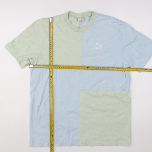 Puma Men's Blue Green Colourblock Crew Neck Cotton T-Shirt Size M